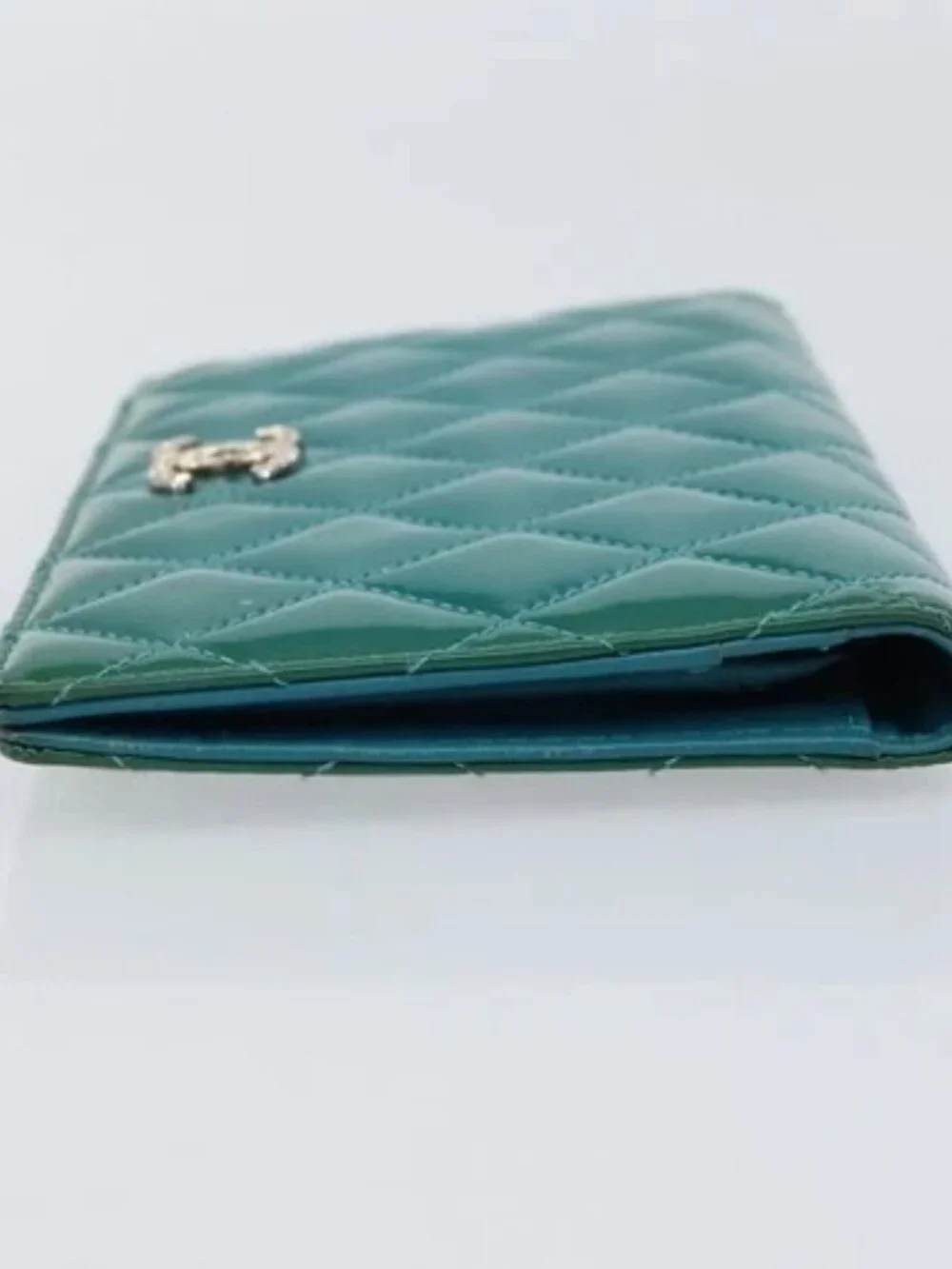 CHANEL Matelasse Long Wallet Patent leather Blue Silver CC Auth 153143